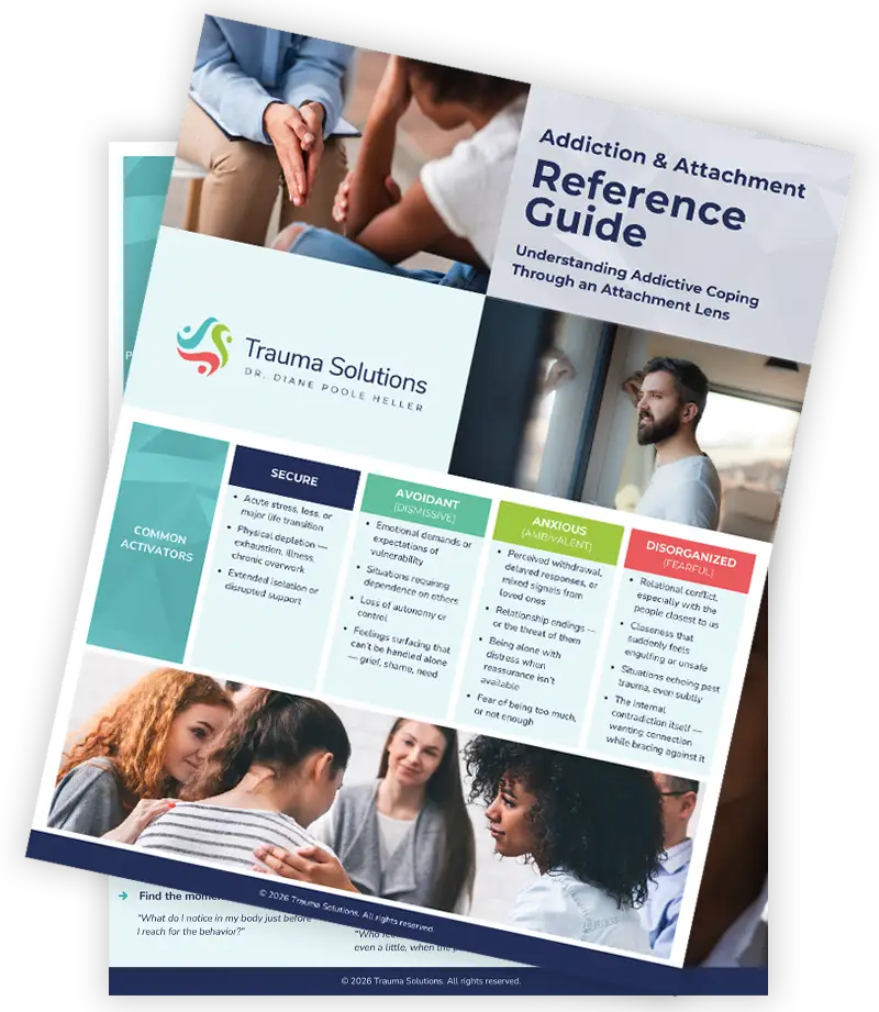 TraumaSolutions A reference guide titled "Addiction & Attachment Reference Guide" by Trauma Solutions, featuring text, charts, and photos of people in discussion as they explore the search for connection at the heart of healing.