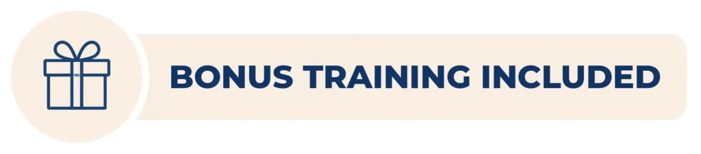TraumaSolutions A beige banner with a gift icon on the left and the text “BONUS TRAINING INCLUDED” in bold blue letters on the right.
