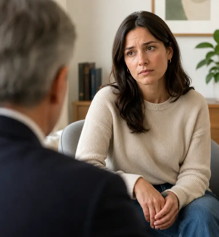 TraumaSolutions A woman sits on a chair, listening attentively to a person facing her, engaged in what appears to be a Brainspotting session focused on trauma and deep processing.
