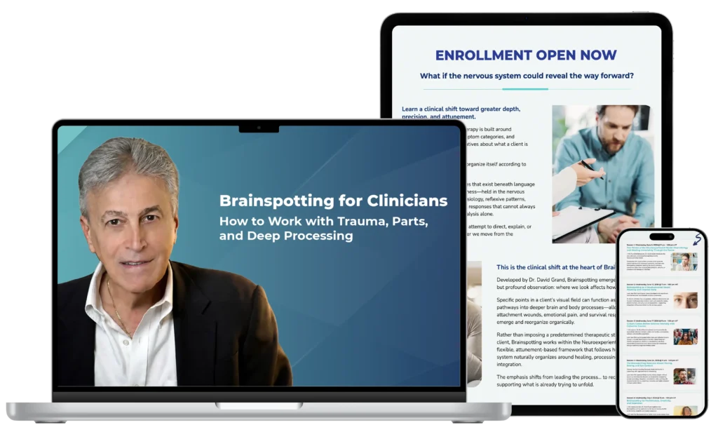 TraumaSolutions A laptop displays a man on a blue screen labeled "Brainspotting for Clinicians," while a tablet and phone show an enrollment page with clinic and therapy information, highlighting trauma recovery and deep processing techniques.