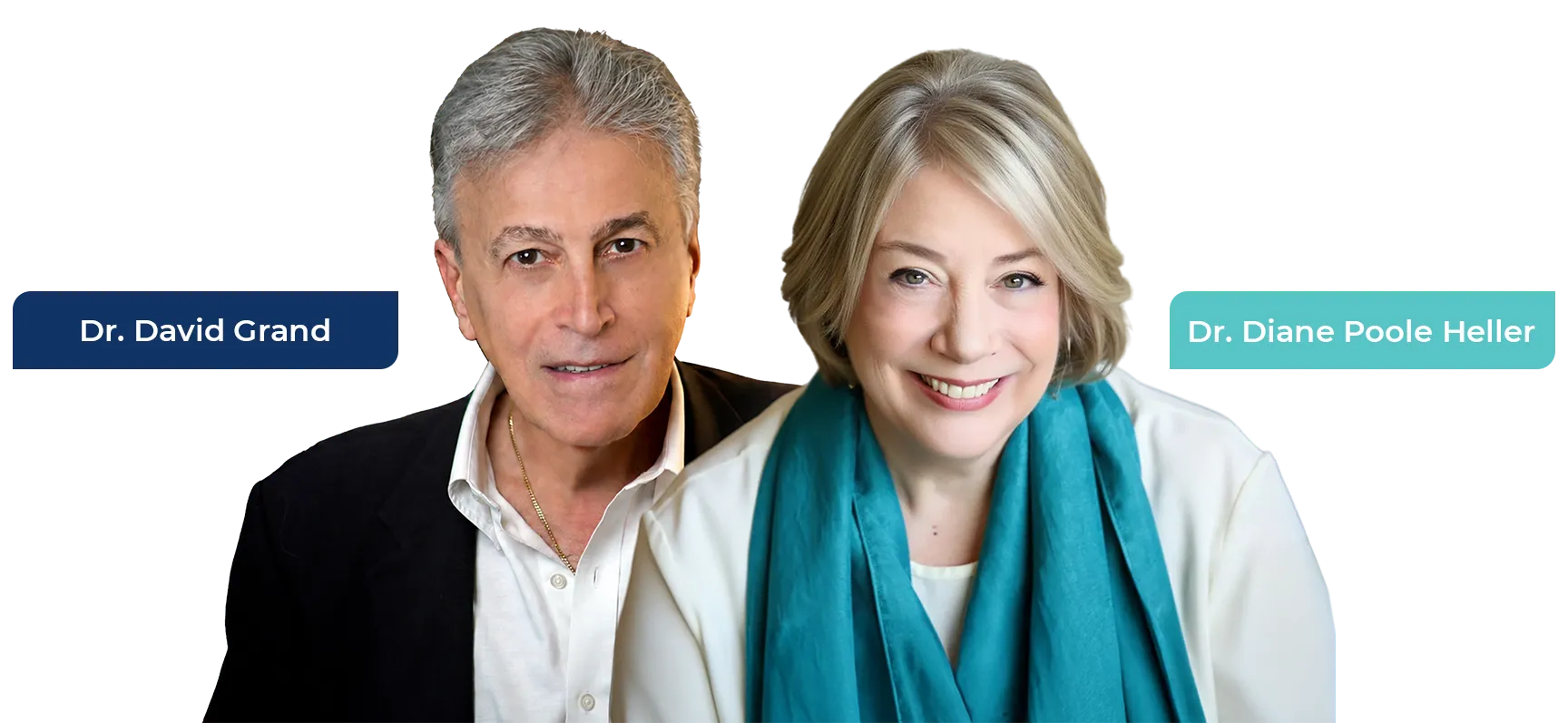 TraumaSolutions Two clinicians, Dr. David Grand and Dr. Diane Poole Heller, are posing side by side against a striped and blue background, highlighting their expertise in Brainspotting for an upcoming masterclass.