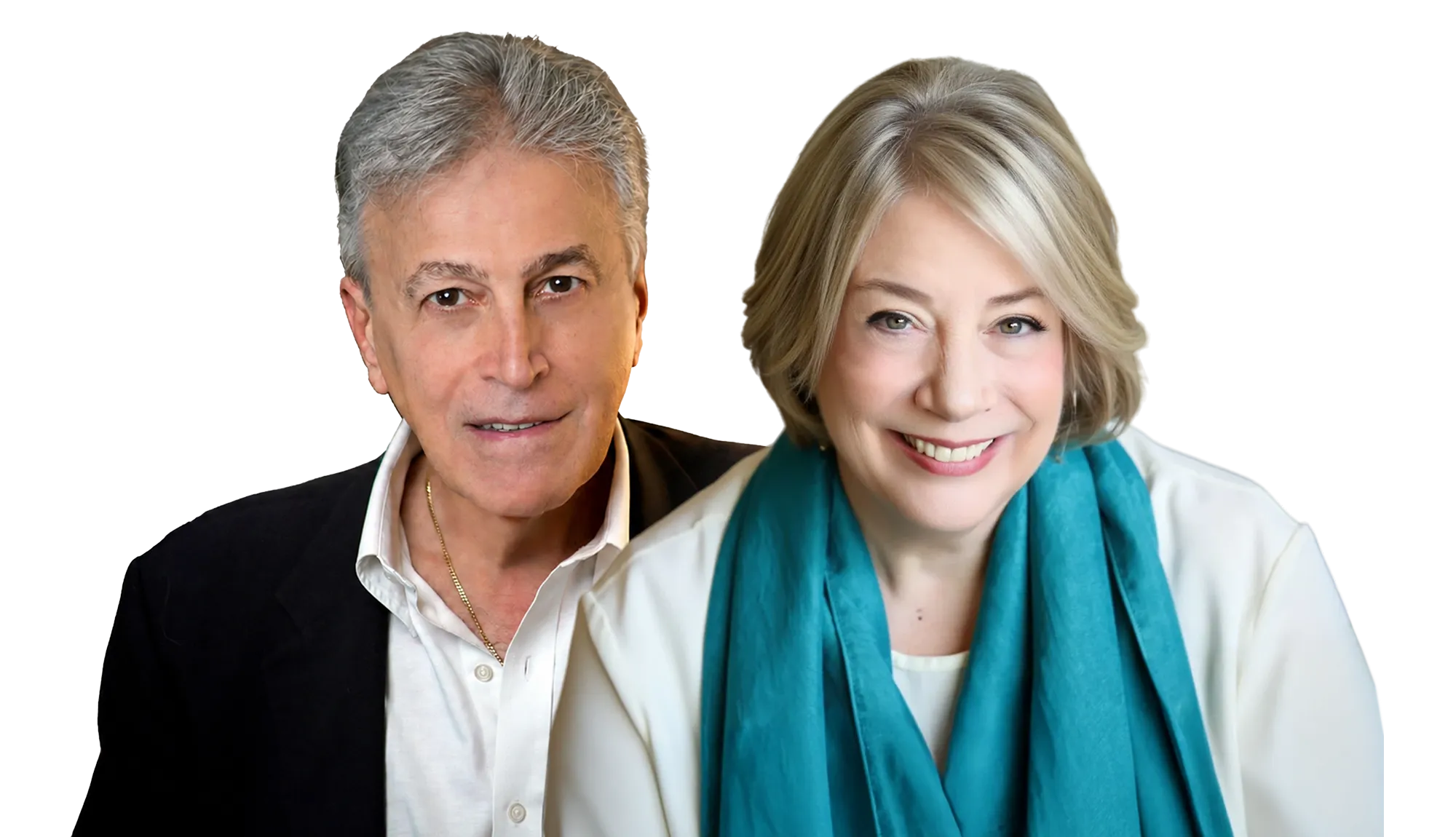 TraumaSolutions Talk to David Grand in a dark jacket and white shirt and a Dr. Diane Poole Heller in a white top with a teal scarf, smiling against a plain white background, embodying the spirit of working with what arises—perfect for a Brainspotting masterclass for clinicians.