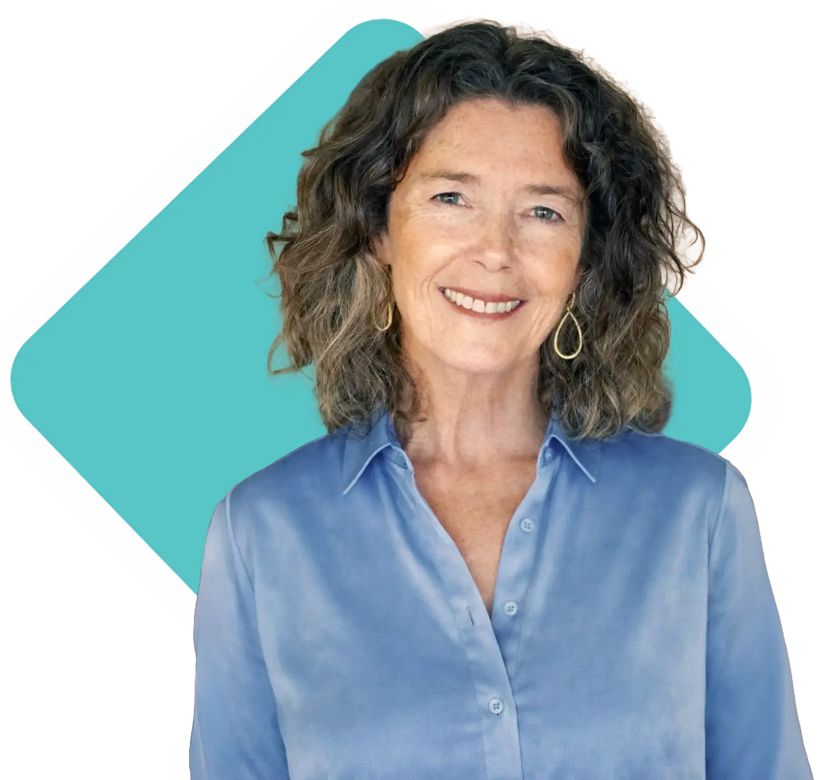 TraumaSolutions Woman with curly brown hair wearing a blue blouse, smiling at the camera, with a teal geometric shape in the background, her expression echoing a longing for belonging.