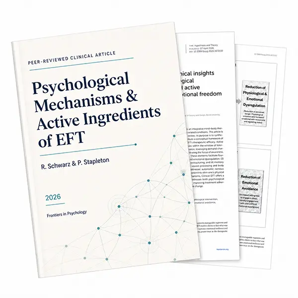 TraumaSolutions A clinical article titled “Psychological Mechanisms & Active Ingredients of EFT” by R. Schwarz and P. Stapleton explores how EFT can facilitate deeper healing, with pages of text and diagrams visible underneath the cover.
