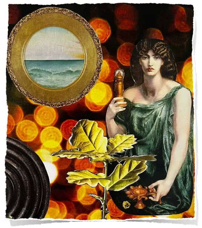 TraumaSolutions A collage featuring a woman in a green dress holding a golden object, a round framed seascape, a spiral shape, yellow leaves, and blurred golden lights evokes themes of belonging and secure attachment.