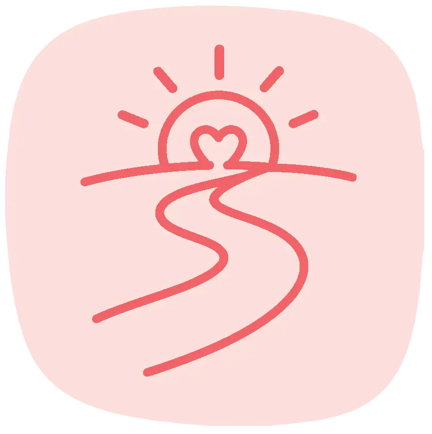 TraumaSolutions A simple line drawing of a winding path symbolizing connection, leading to a heart-shaped sun on the horizon, set against a pink background.