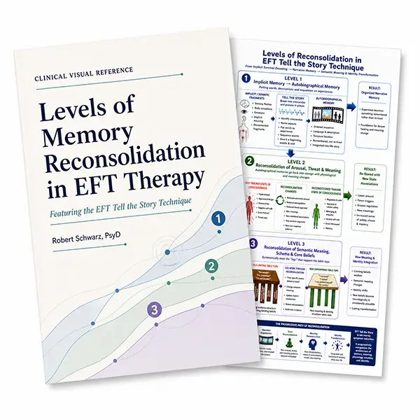 TraumaSolutions Two booklets titled “Levels of Memory Reconsolidation in EFT Therapy,” one displaying the cover and the other an illustrated chart summarizing therapy levels and processes, offer valuable insights for practitioners of EFT and trauma therapy who seek to facilitate deeper healing.