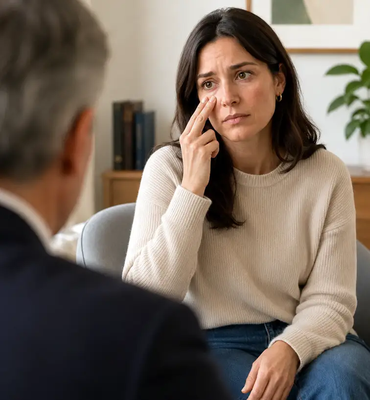 TraumaSolutions A woman sits on a chair, touching her face and appearing emotional, while talking to a trauma therapist whose back is to the camera in an office or therapy setting.