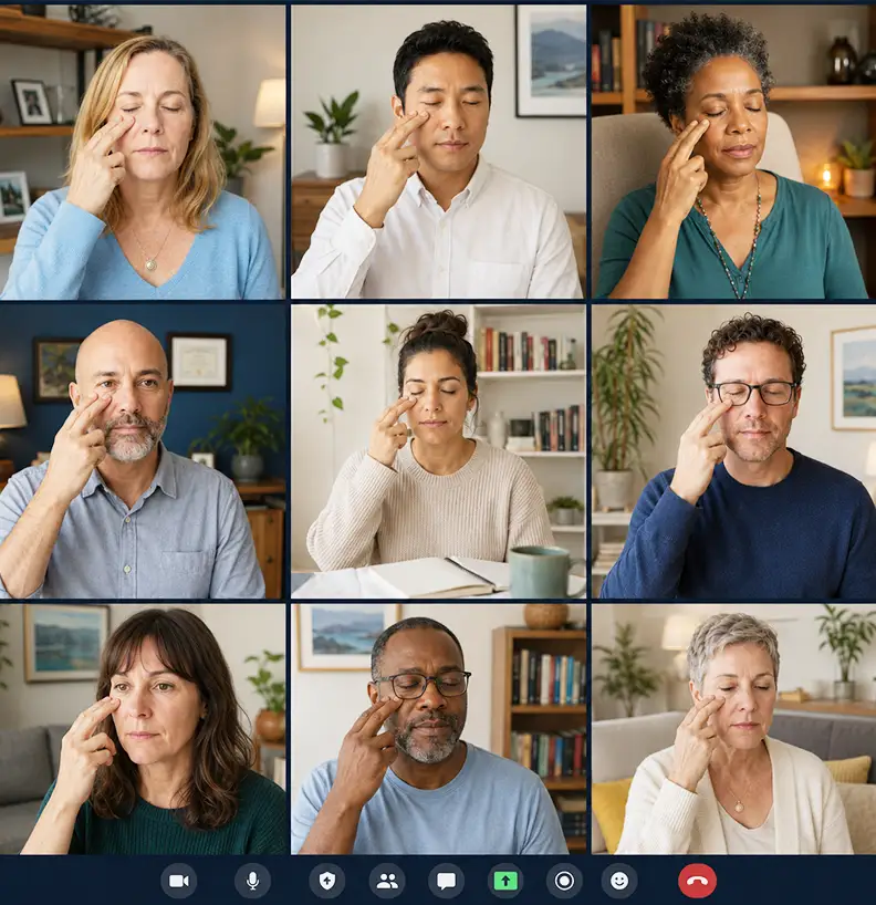 TraumaSolutions Nine people in a video call, each with closed eyes, using one hand to touch their face, possibly participating in a group relaxation or mindfulness exercise led by a trauma therapist and incorporating techniques from EFT (Emotional Freedom Techniques).