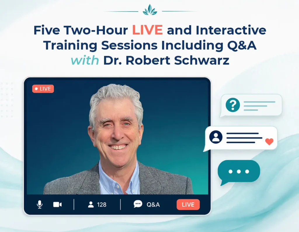 TraumaSolutions A man with gray hair smiles on a live video call interface, beneath text about five two-hour live training sessions with trauma therapist Dr. Robert Schwarz featuring Q&A.