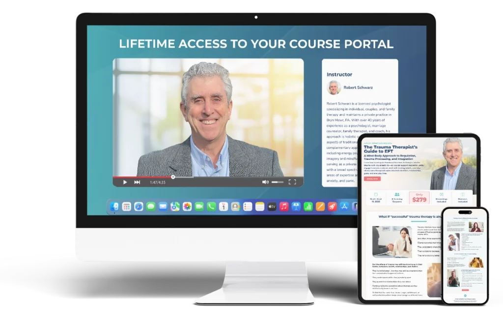 TraumaSolutions A computer, tablet, and phone display an online course portal, featuring a video of an instructor specialized as a trauma therapist and detailed modules on trauma therapy on the screens.
