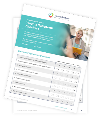 TraumaSolutions A woman holds a yellow folder while sitting on a couch; the top page shows a trauma symptoms checklist with a rating scale and listed symptoms, reflecting her journey toward resilience and somatic healing from complex trauma.
