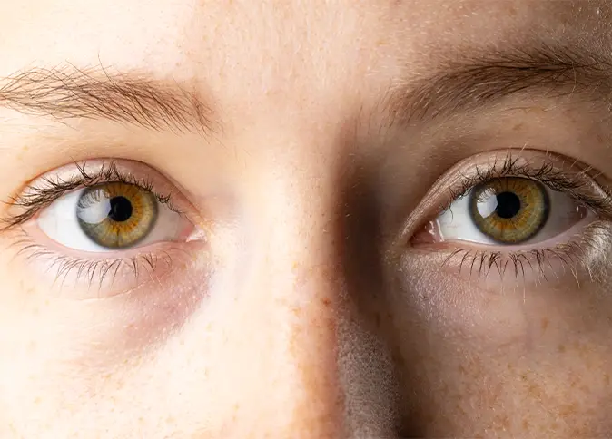 TraumaSolutions Close-up of a person's face focusing on hazel eyes, with visible eyelashes, eyebrows, and light freckles on the skin, capturing a sense of deep connection in their gaze.
